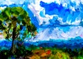 An impressionist painting style image of a large tree on a ridge