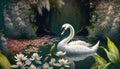 A Mute swan in a pond, amongst thick jungle.