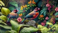 A pair of Gouldian Finches amongst thick jungle.