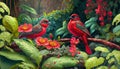 A pair of Scarlet Tanagers amongst thick jungle.