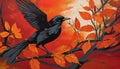 Bold Block Print Of A Black Bird Flying Among Orange Leaves. Royalty Free Stock Photo