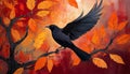 Bold Block Print Of A Black Bird Flying Among Orange Leaves. Royalty Free Stock Photo