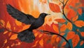 Bold Block Print Of A Black Bird Flying Among Orange Leaves. Royalty Free Stock Photo