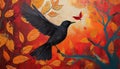 Bold Block Print Of A Black Bird Flying Among Orange Leaves. Royalty Free Stock Photo