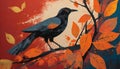 Bold Block Print Of A Black Bird Flying Among Orange Leaves. Royalty Free Stock Photo