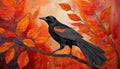 Bold Block Print Of A Black Bird Flying Among Orange Leaves. Royalty Free Stock Photo