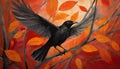 Bold Block Print Of A Black Bird Flying Among Orange Leaves. Royalty Free Stock Photo