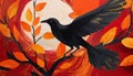 Bold Block Print Of A Black Bird Flying Among Orange Leaves. Royalty Free Stock Photo