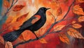 Bold Block Print Of A Black Bird Flying Among Orange Leaves. Royalty Free Stock Photo