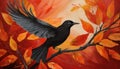 Bold Block Print Of A Black Bird Flying Among Orange Leaves. Royalty Free Stock Photo