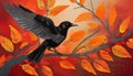Bold Block Print Of A Black Bird Flying Among Orange Leaves. Royalty Free Stock Photo