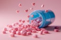 Open pastel blue medical pill with many hearts falling out. Royalty Free Stock Photo