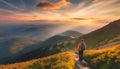 mountains in the morning. sunset in the mountains. Mountain travel hike people adventure man summer Royalty Free Stock Photo