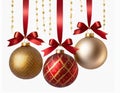 Three colorful Christmas ornaments hanging on red ribbons Royalty Free Stock Photo