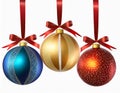 Three colorful Christmas ornaments hanging on red ribbons Royalty Free Stock Photo