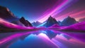 Vibrant and detailed hyperrealistic landscape depicting mountains and lakes , neon colors, under a whimsical twilight sky