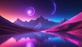 Vibrant and detailed hyperrealistic landscape depicting mountains and lakes , neon colors, under a whimsical twilight sky