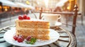 Slice of Tres Leches cake on a Parisian cafe table, bathed in warm afternoon sunlight.