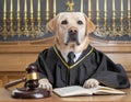 Generated image: Yellow Labrador dog dressed as a judge in a courtroom Royalty Free Stock Photo