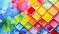 Watercolor paint pots with colorful painted paper as a background Royalty Free Stock Photo
