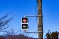 Traffic lights with red light lit. Sign or symbol pedestrians not allowed crossing road Royalty Free Stock Photo