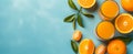 Oranges, Slices, and Juice on Turquoise background, juicy fresh fruits background