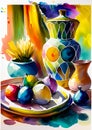 An artistic generated image of a tabletop set with colourful ceramics