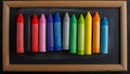 Colorful neatly arranged new crayons over black framed chalk board. creative fun back to school background