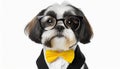 Shih Tzu dog in a tuxedo with a yellow bow tie