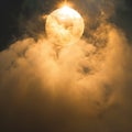 A bright glowing sphere in a epic fantasy cinematic sky with clouds, mist, fog Royalty Free Stock Photo