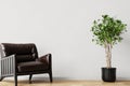 Living room. Living room with leather armchair on empty wall background. Royalty Free Stock Photo