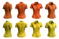 2 Set of woman yellow orange button up short sleeve collar slim shirt front, back, side view on transparent, PNG Generated image