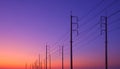 Silhouette two rows of electric poles with cable lines against colorful twilight sky background after sundown Royalty Free Stock Photo