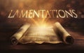 Glowing open scroll parchment revealing the book of the Bible. Book of Lamentations Royalty Free Stock Photo