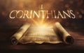 Glowing open scroll parchment revealing the book of the Bible. Book of 1 Corinthians