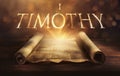 Glowing open scroll parchment revealing the book of the Bible. Book of 1 Timothy Royalty Free Stock Photo