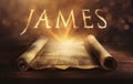 Glowing open scroll parchment revealing the book of the Bible. Book of James Royalty Free Stock Photo