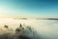 Fog. Surreal beautiful forest with fog. Aerial view. Beautiful sunrise above the forest with heavy fog Royalty Free Stock Photo