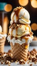 Ice cream with salt caramel and nuts. Sweet, dessert, summer food concept.