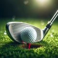 Golf ball sits on tee at the start of long drive, on golf course Royalty Free Stock Photo