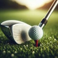 Golf ball sits on tee at the start of long drive, on golf course