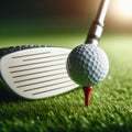 Golf ball sits on tee at the start of long drive, on golf course Royalty Free Stock Photo