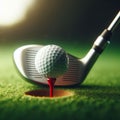 Golf ball sits on tee at the start of long drive, on golf course Royalty Free Stock Photo