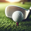 Golf ball sits on tee at the start of long drive, on golf course Royalty Free Stock Photo