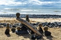 Pretty pile of wooden pebbles and balls of sand facing the sea