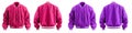 2 Set of magenta purple pink Oversized Baseball varsity jacket with ribbed strip hem, front back side view on transparent PNG