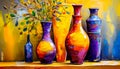 An artistic generated concept image of a unique ceramic vase on a colourful background