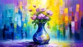 An artistic generated concept image of a unique ceramic vase on a colourful background