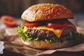 Close-Up Home Beef Burger On Wooden Table In Food Restaurant Interior, Burger Food Photography, Food Menu Style Photo Image