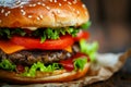 Close-Up Home Beef Burger On Wooden Table In Food Restaurant Interior, Burger Food Photography, Food Menu Style Photo Image